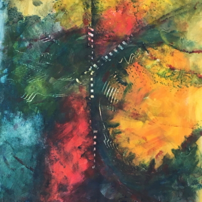 art-peinture- acrylique sur papier, , abstrait, zones jaunes, vertes et rouges se croisent au centre, Chantal Prud'homme