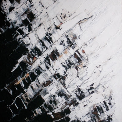 art-peinture- acrylique,pastel gras, abstrait, bandes verticales noires s'avançant sur le blanc, Chantal Prud'homme