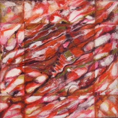 art-peinture- acrylique, abstrait, formes rouges-oranges ondulant en diagonale, Chantal Prud'homme