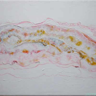 art-peinture- acrylique, collage, fil, abstrait, bandes horizontales roses et ocres sur fond pâle, Chantal Prud'homme