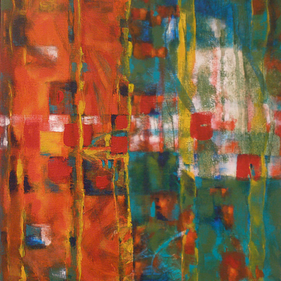 art-peinture- acrylique, abstrait, bandes oranges et turquoises verticales, Chantal Prud'homme