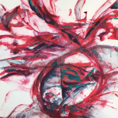 art-peinture- acrylique, abstrait, vifs traits rouges soulignés de vert formant un cercle ailé dans un espace blanc et appuyé sur un socle,Chantal Prud'homme