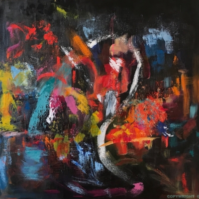 art-peinture- abstraction-tableau-feu de joie - très coloré sur fond noir - Lise Brassard
