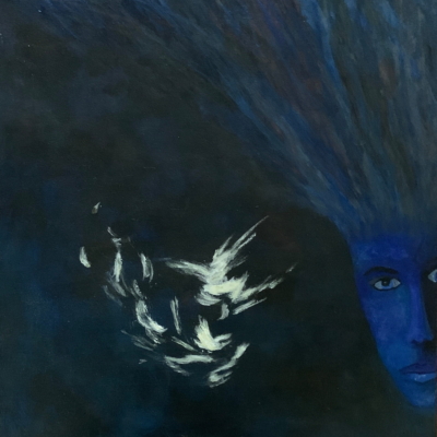 art-peinture- acrylique,bleu- visage bleu chevelure en l'air-oiseaux blancs - Charlotte Morneau