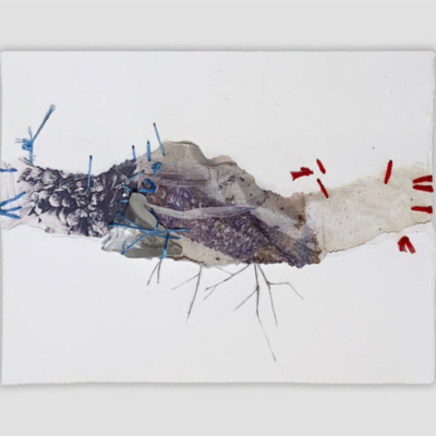 abstraction , collage d'éléments, objets divers, papier, corde, tissus , sur fond blanc, Sylvie Brodeur
