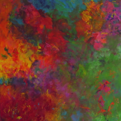 art-peinture- abstraction-tableau-couleurs vives - joyeuses - effet floral- Lise Brassard