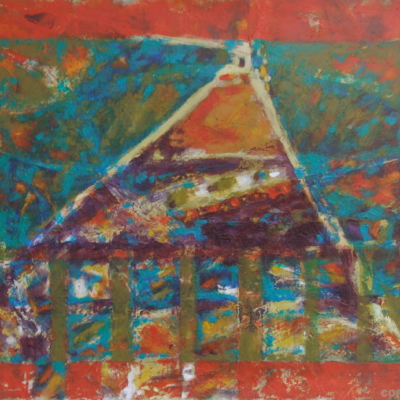 art-peinture- acrylique, abstrait, triangle sur fond turquoise et orrangé, Chantal Prud'homme