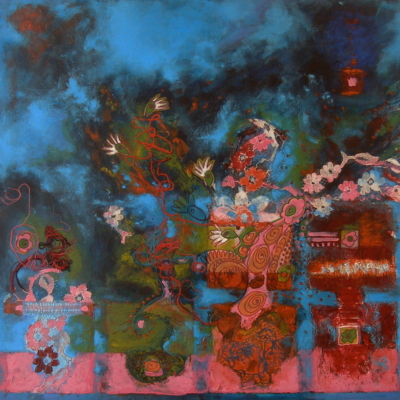 art-peinture- acrylique, collage, abstrait, carrés roses et dentelle sur fond bleu, Chantal Prud'homme