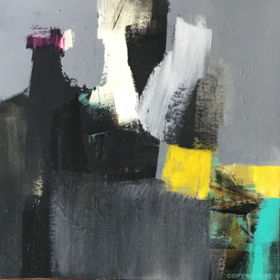 art-peinture- abstraction-tableau-édifice sombre projetant des éclats lumineux-Nathalie Noël
