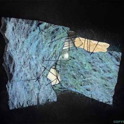 abstraction, collage, médium mixtes sur carton, deux pièces bleu-vert reliées par des fils, Sylvie Brodeur