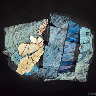 abstraction, collage, médium mixtes sur carton, plusieurs pièces bleu-vert reliées par des fils, Sylvie Brodeur