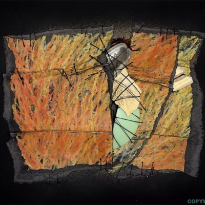 abstraction, collage, médium mixtes sur carton, plusieurs pièces ocre-vert-jaune , reliées par des fils, Sylvie Brodeur