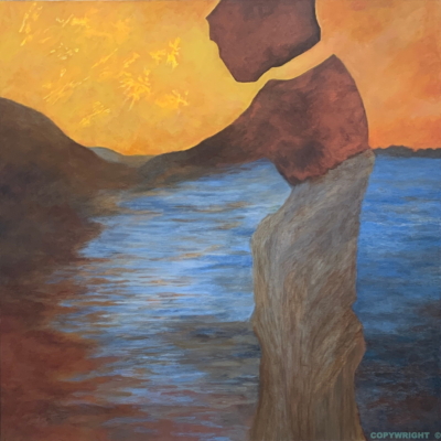 art-peinture- acrylique, ocre, brun et jaune- femme et montagne - paysage - Charlotte Morneau