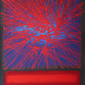 abstraction, acrylique, lumière bleuté sous une giclée de lignes rouges sur toile, Gilbert Bellefeuille