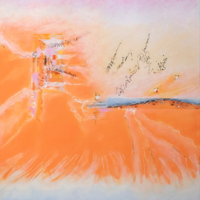 art-peinture- acrylique, abstrait,comme une dûne de sable orangé entre deux ciels, Chantal Prud'homme